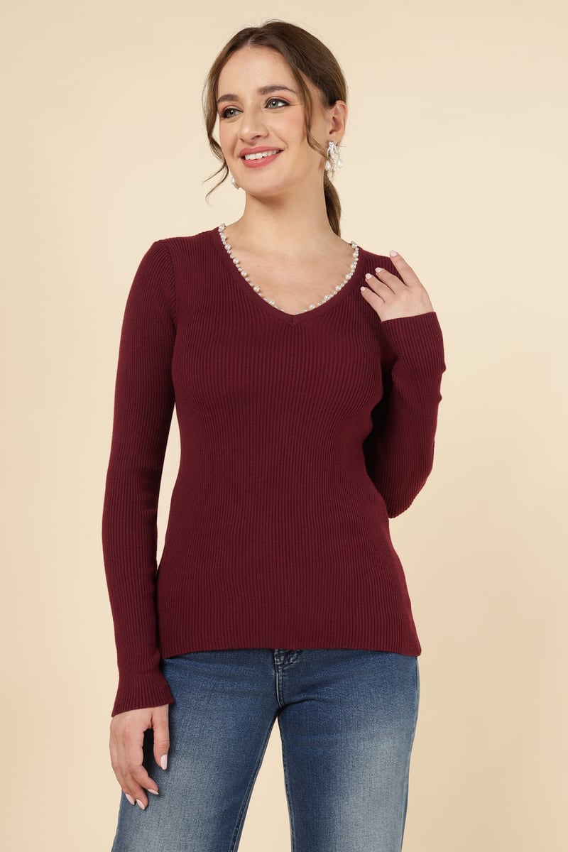 Bordo Rib-Knit V-Neck Sweater with Pearl Trim