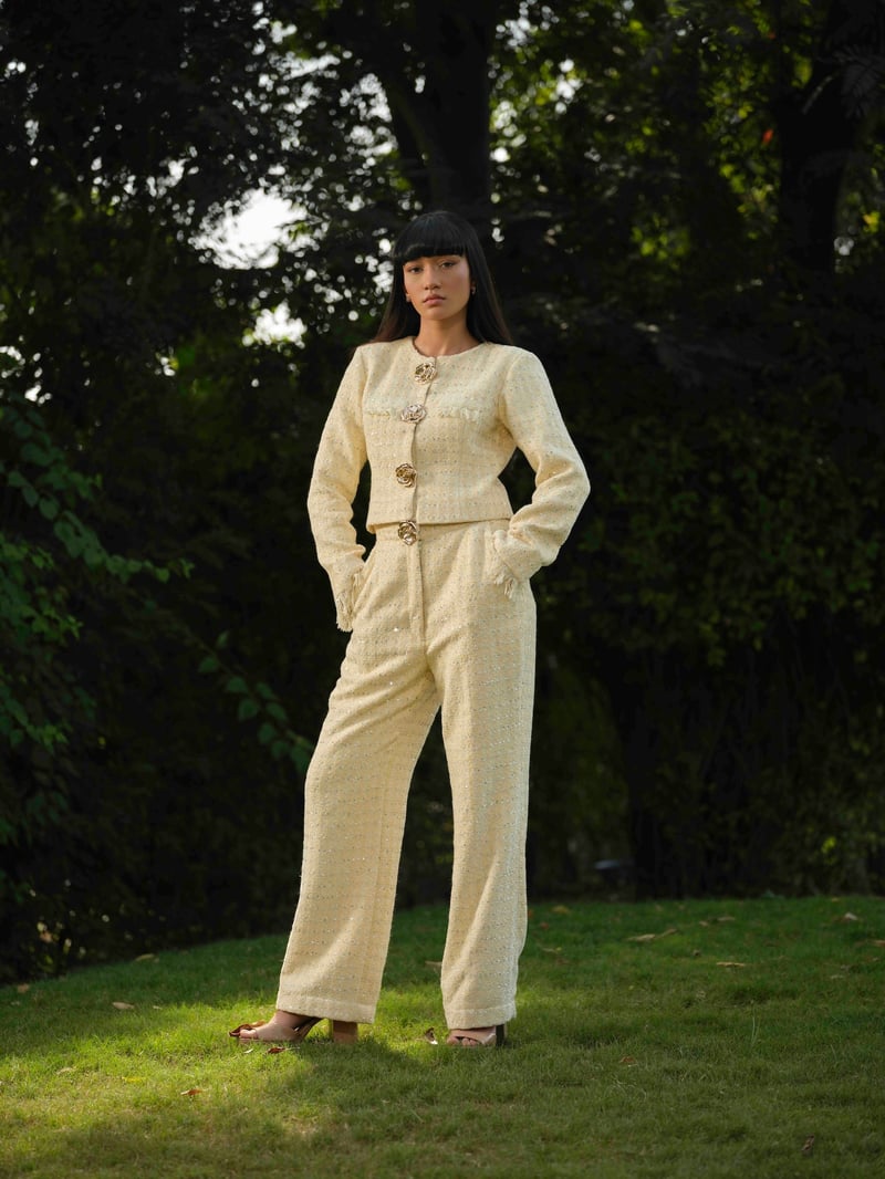 Butter Yellow Tweed Jacket and Straight Pants Co-ord Set