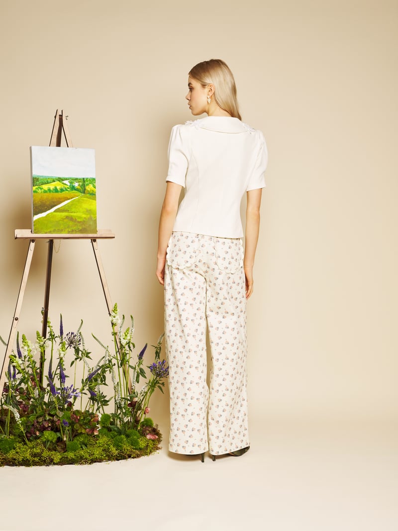 Pearled White Double-Breasted Applique Collar Tailored Top