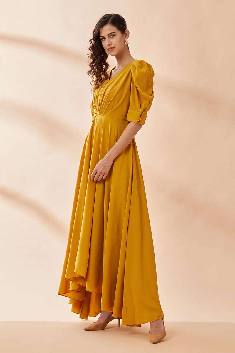 Mustard Yellow Drape Maxi Gown Dress with Angel Sleeves