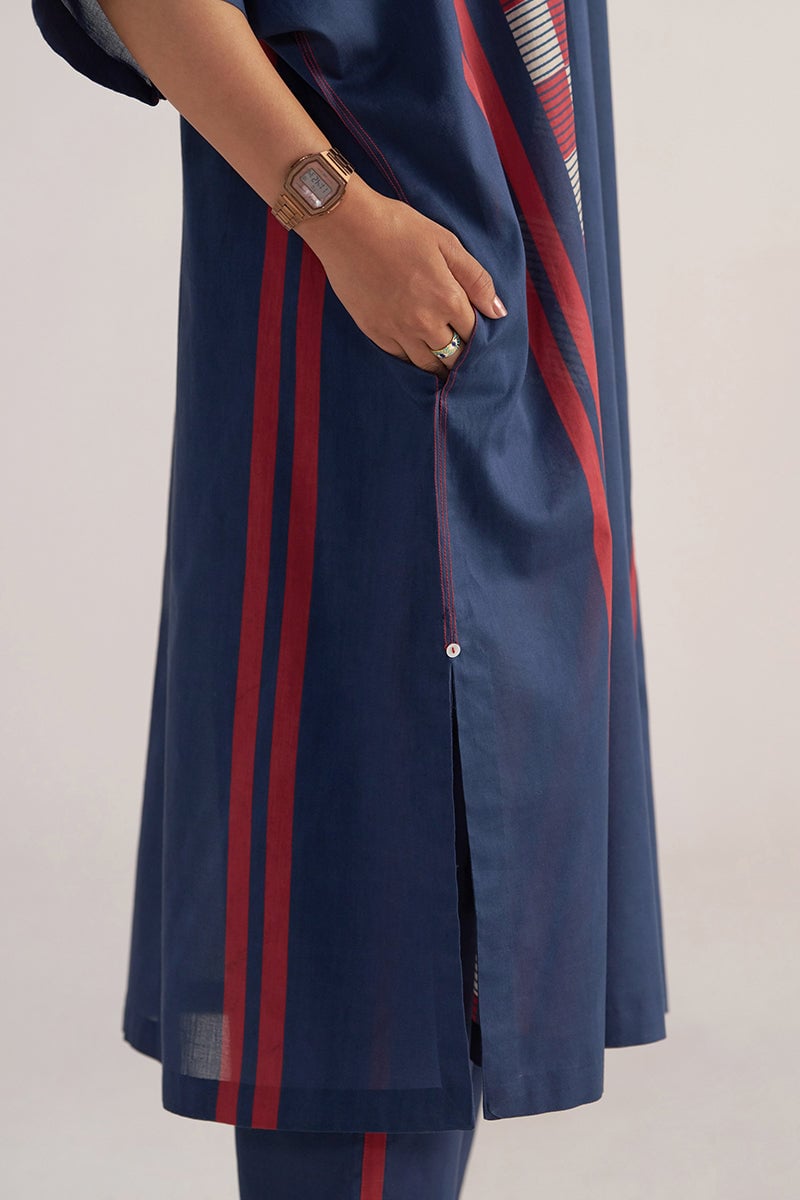 Navy Blue Printed Kaftaan Co-ord Set with Wide-Leg Pants