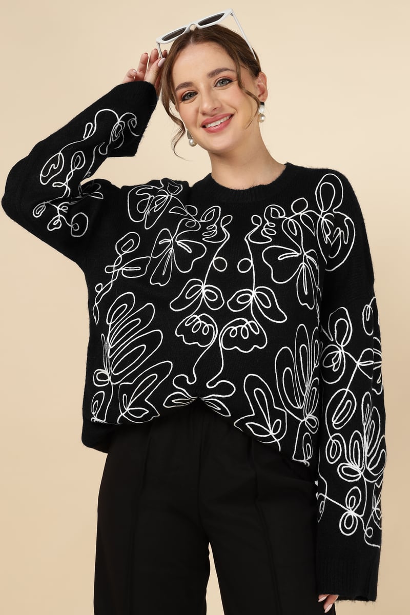 Black Abstract Line-Art Relaxed Fit Sweater