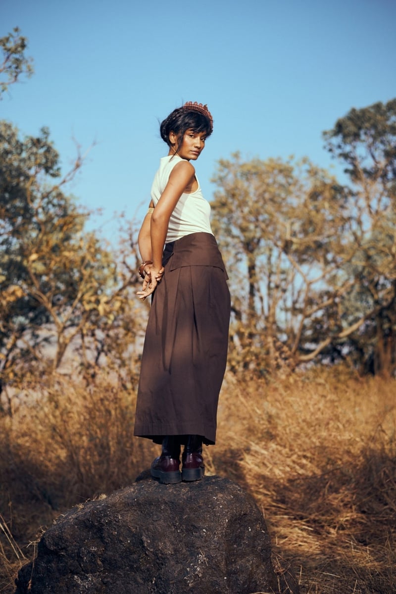 Dark Brown Cotton Twill Wrap Midi Skirt with Tie Waist