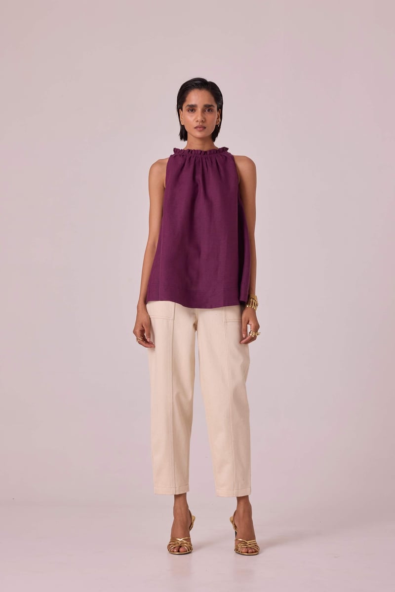 Purple Linen Halter Neck Flowy Top with Ruffle Neckline