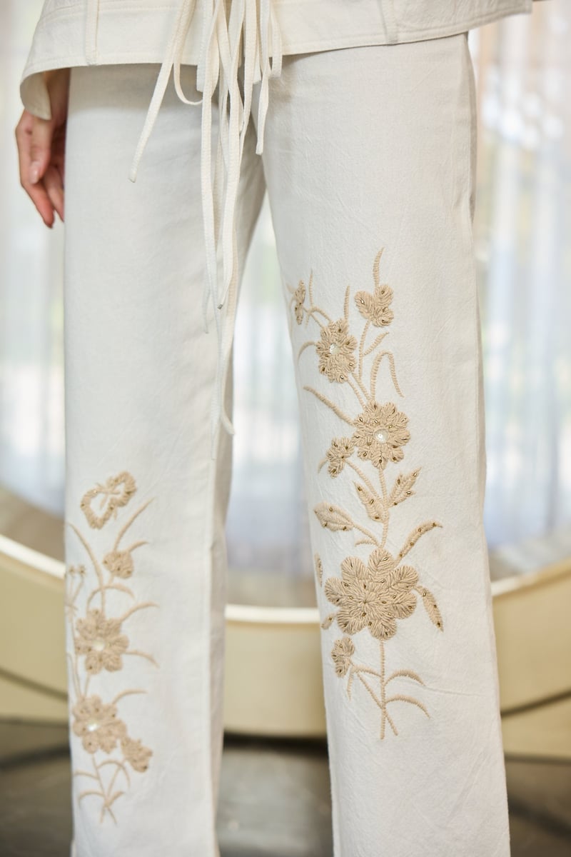 White Denim Embroidered Co-ord Set with Tie-Up Top