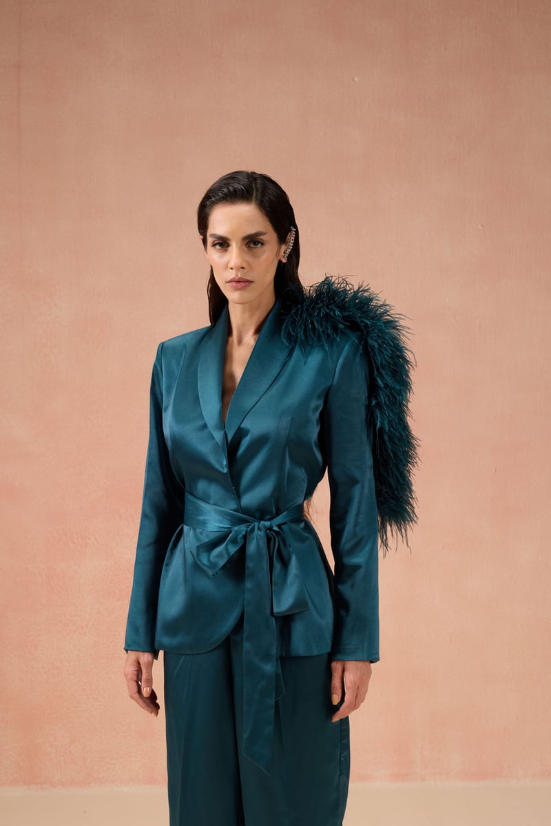 Teal Feather Blazer Set