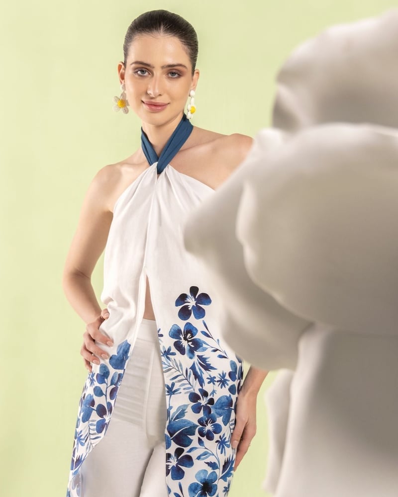 Blue/White Halter Top and Wide-Leg Pants Co-ord Set