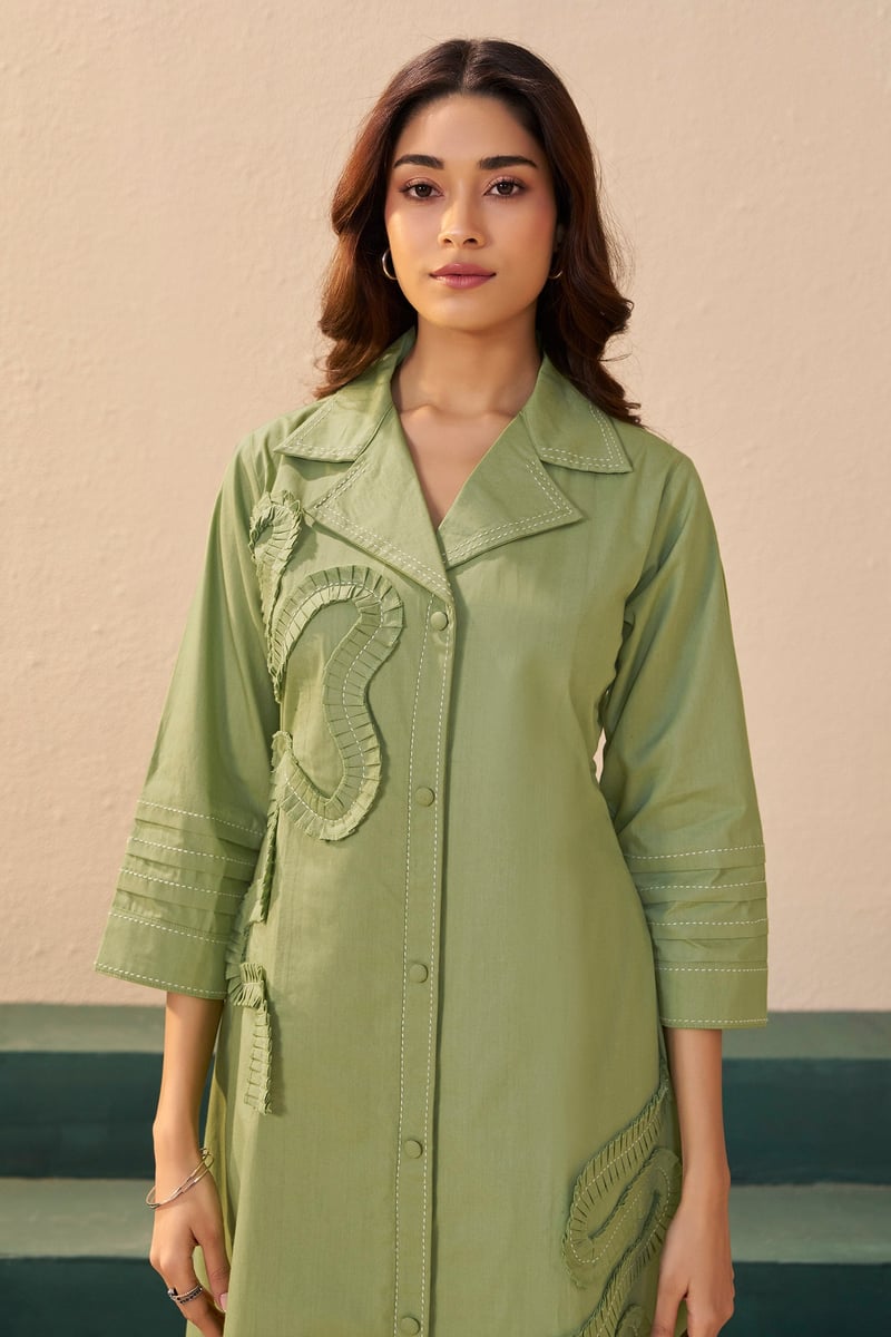Orange Midi Shirt Dress with Tonal Applique