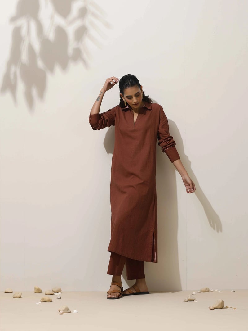 Brown Cotton Linen Straight Kurta Pant Set