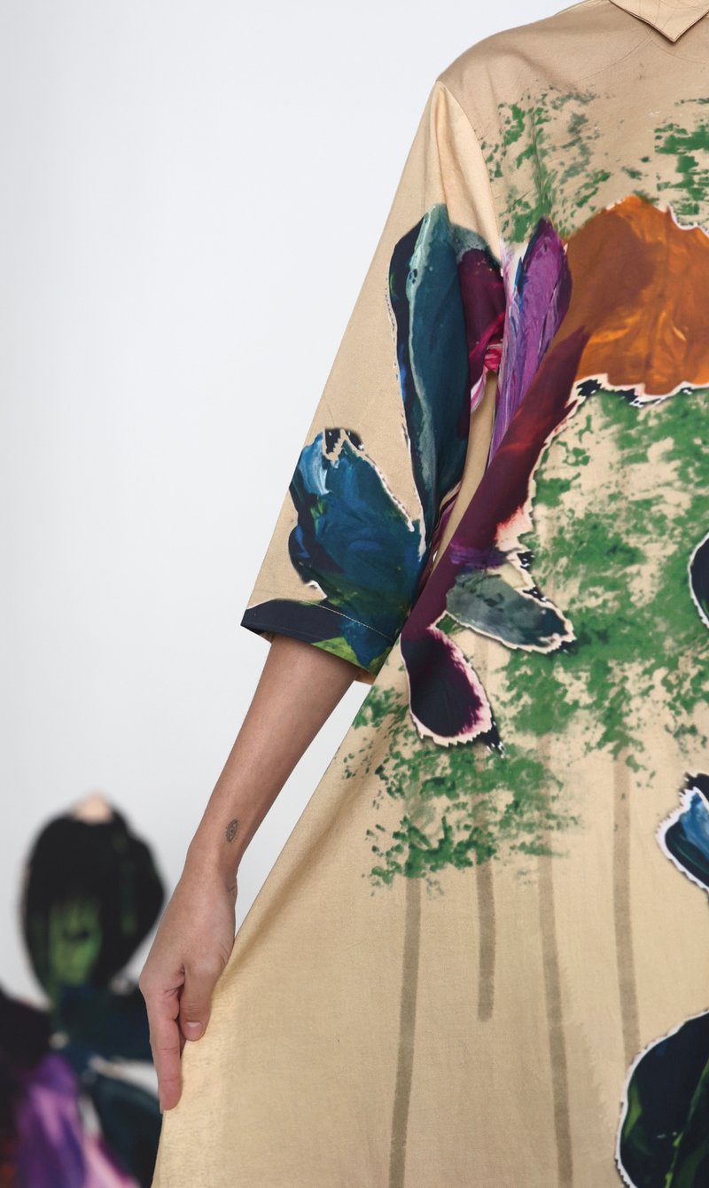 Beige Multicolor Oversized Floral A-Line Shirt Dress