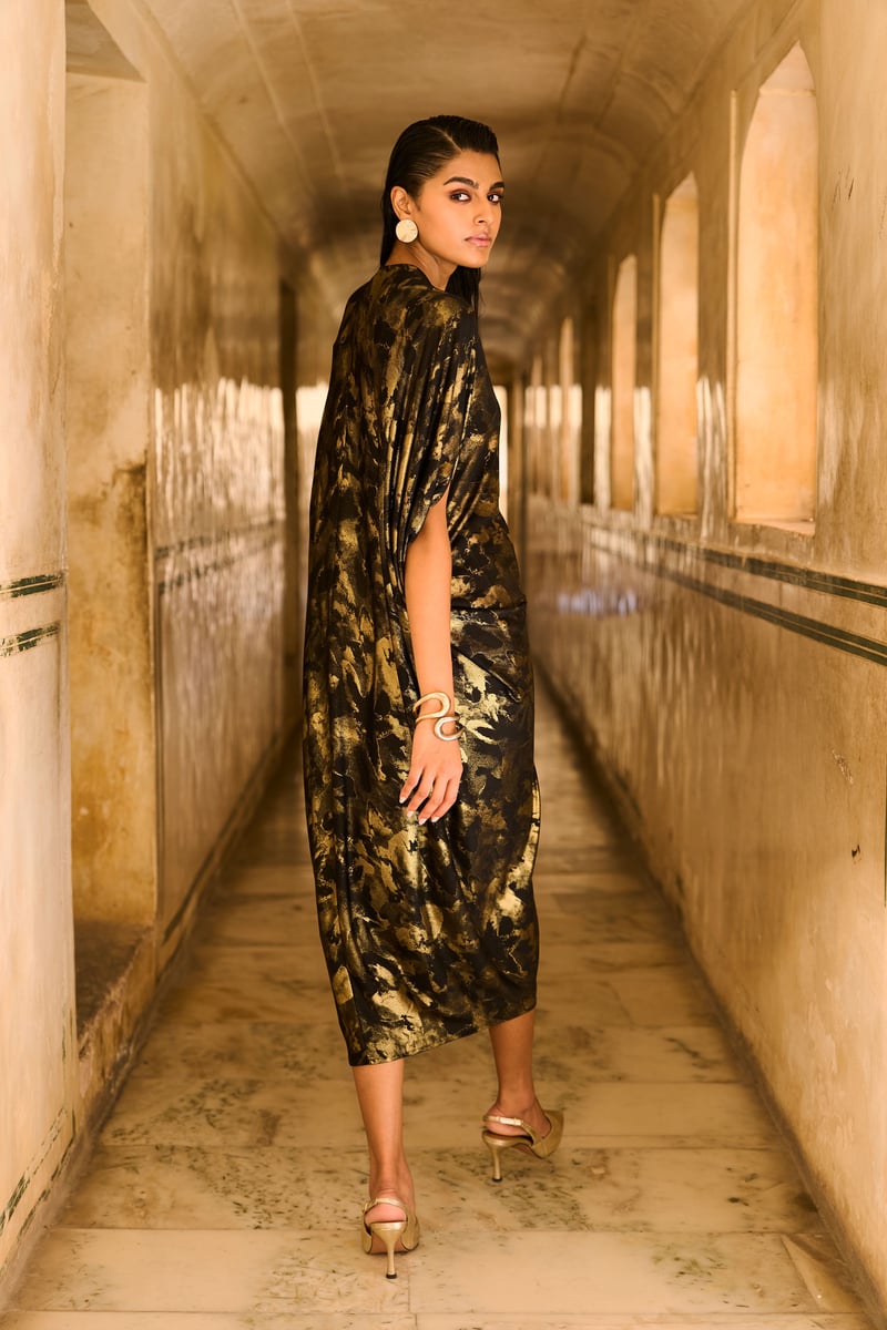 Black/Gold Foil Print Drape Cowl Kaftan