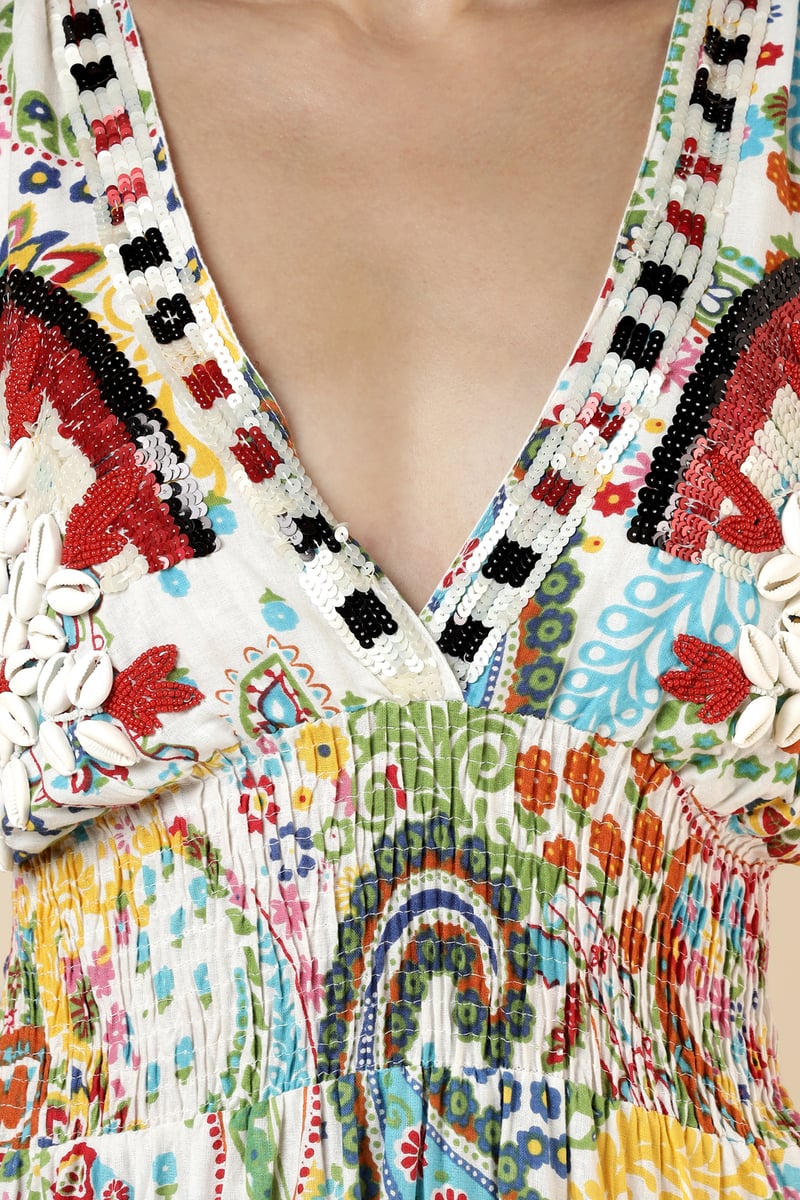 Multicolour Printed Tiered V-Neck Maxi Dress