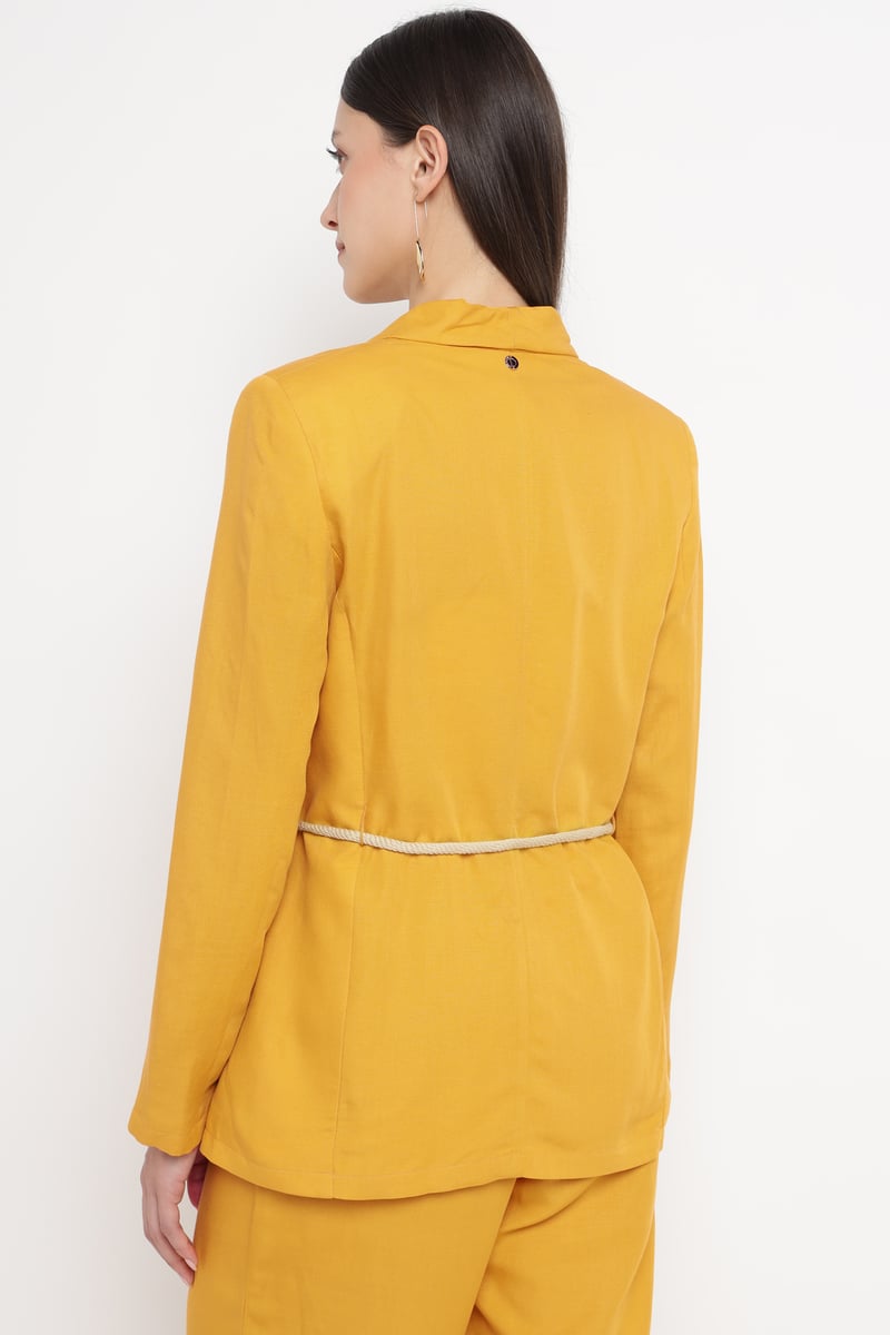 Yellow Single-Button Belted Tailored Blazer