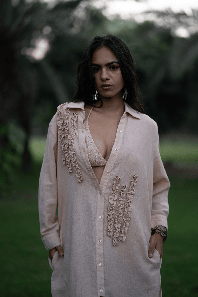 Beige Cotton Gauze Button-Down Midi Shirt Dress