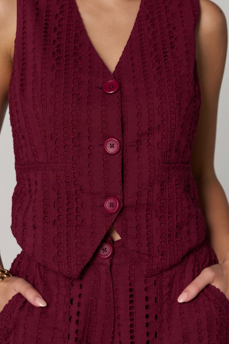 Wine Schiffli Cutwork Button-Front Tailored Waistcoat