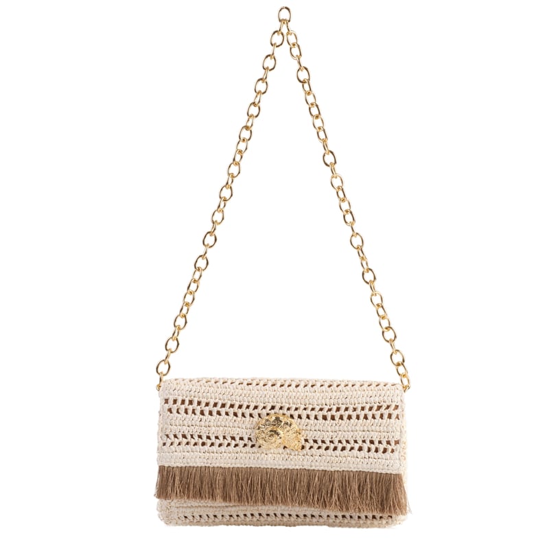Jena Off White Slim Raffia Clutch With Gold Emblem