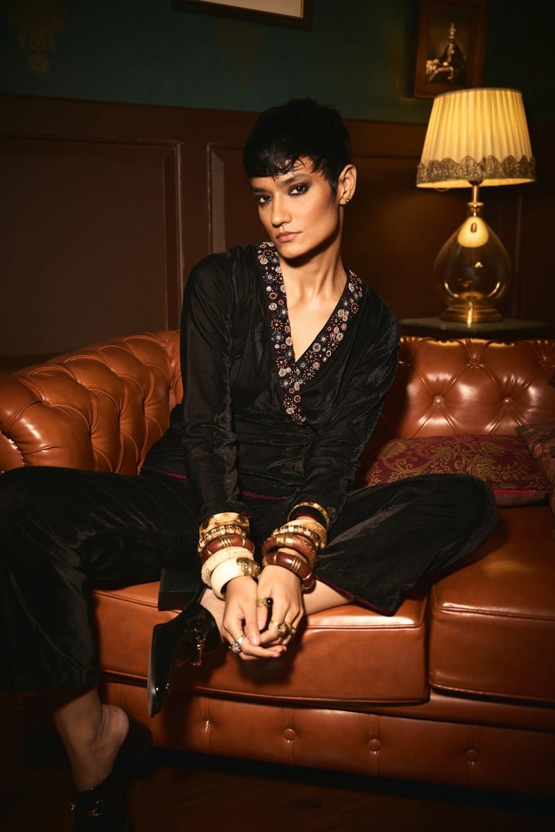 Black Micro Velvet Wrap Jumpsuit with Beaded Lapel