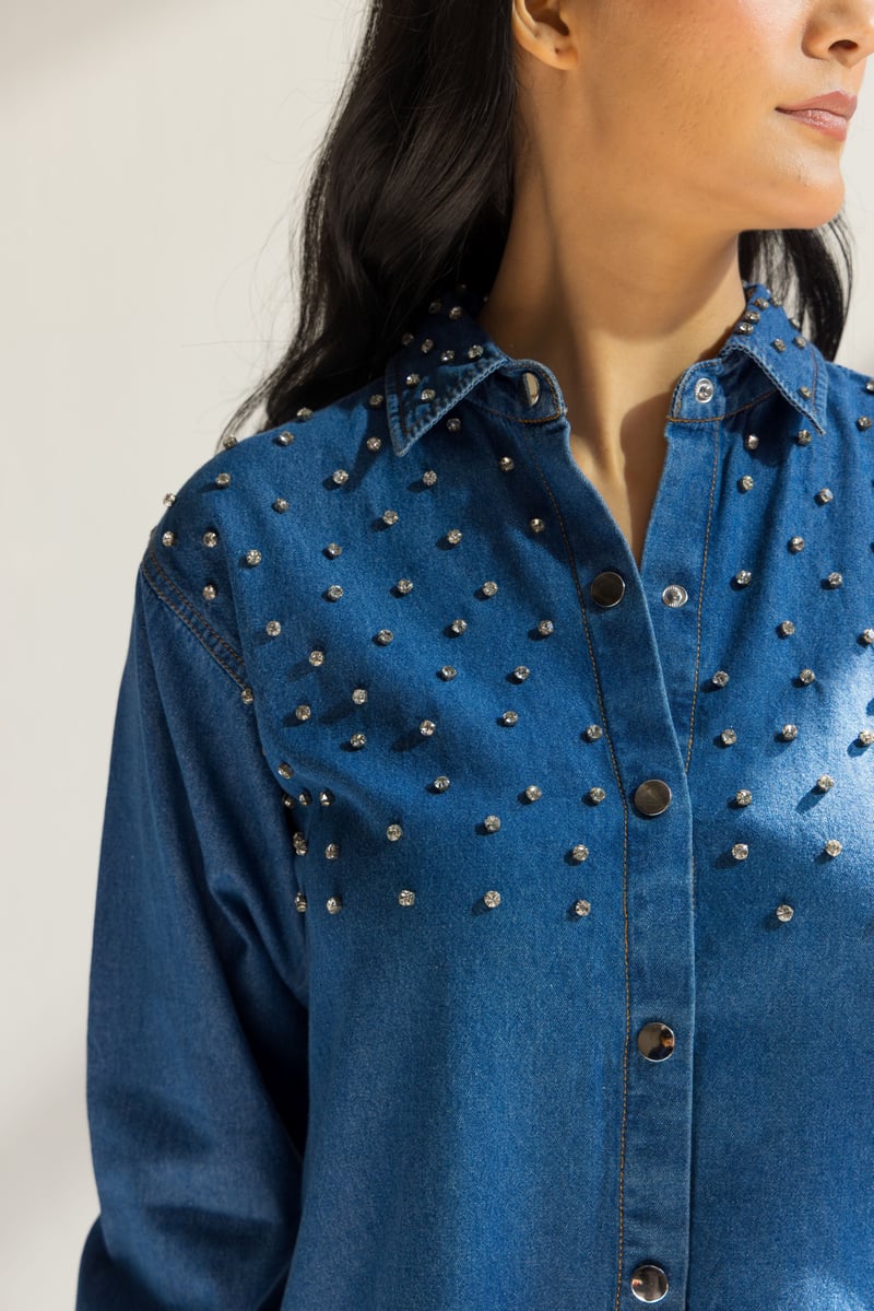 Blue Studded Denim Snap-Button Shirt