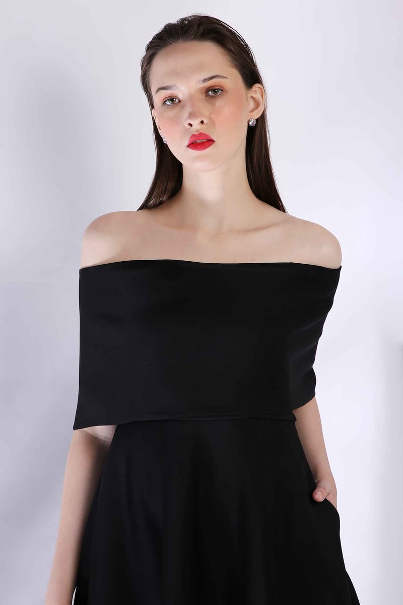 Black Off-Shoulder A-Line Midi Dress with Floral Hem