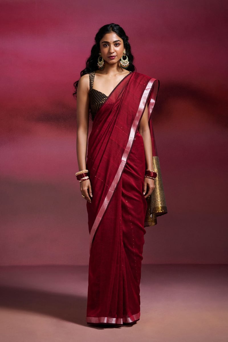 Maroon Cotton Sequin Saree with Zari Border and Gold Pallu