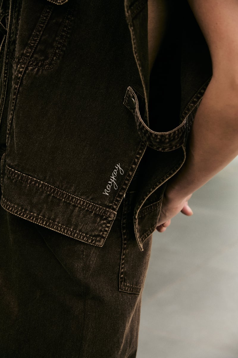 Brown Denim Embroidered Co-ord Set with Tie-Up Top
