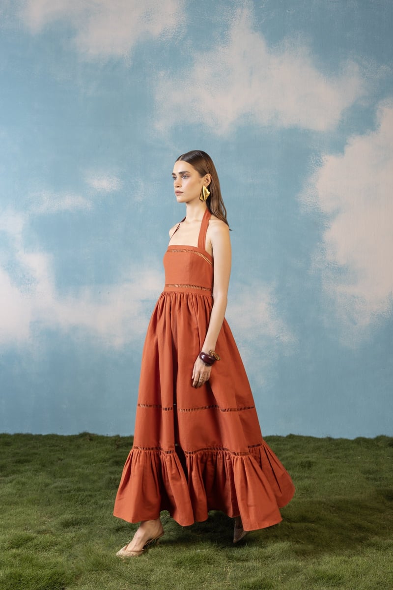Rust Square Halter Tiered Midi Dress