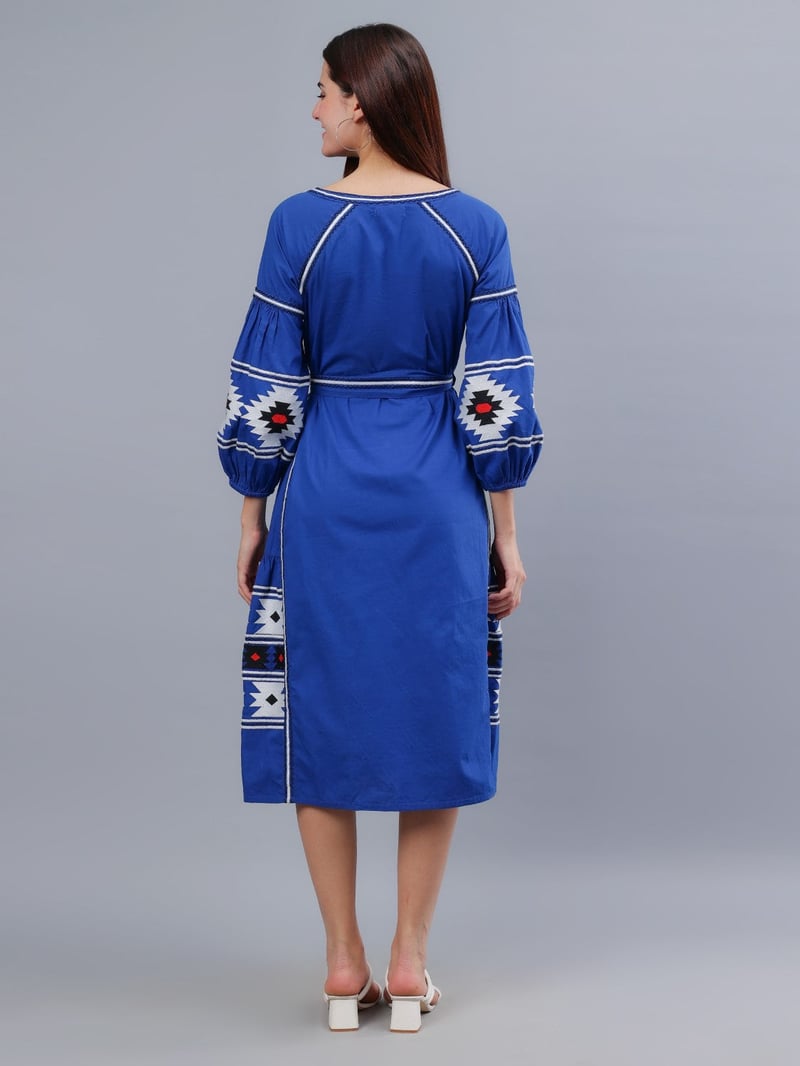 Blue Poplin Belted A-Line Midi Dress with Contrast Panels