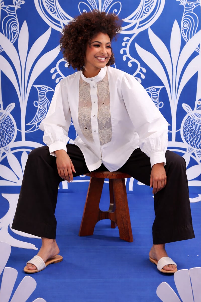 White Mandarin Collar Shirt with Embroidered Front Panels