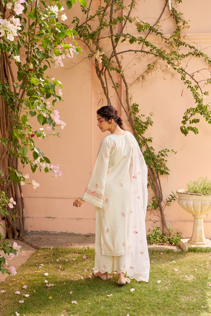 Ivory Pink Embroidered Chanderi Straight Suit Set