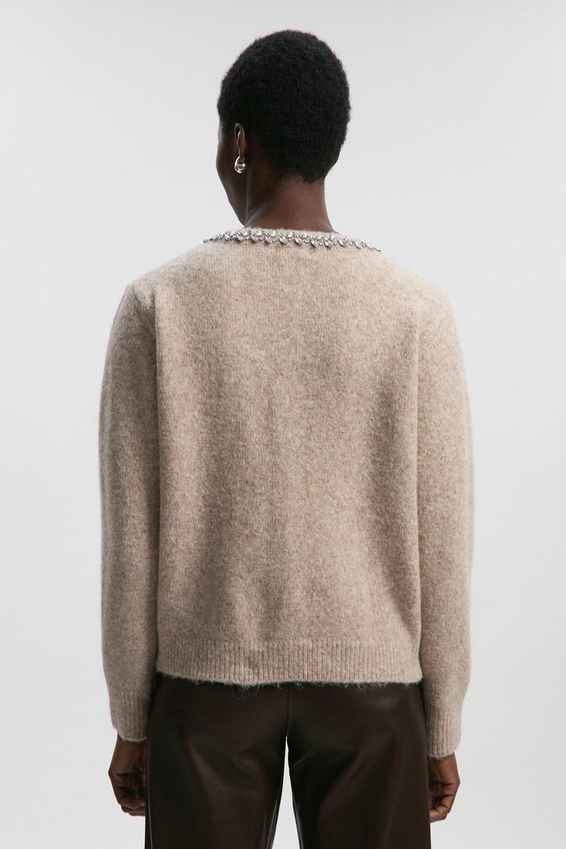 Oatmeal Embellished Trim Cosy Knit Cardigan