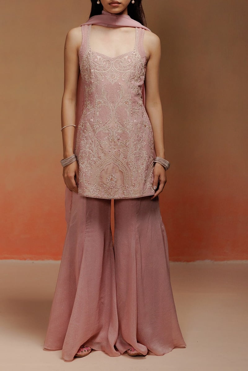 Pink Organza Tissue Embroidered Kurta Sharara Set — LABEL NAARITI