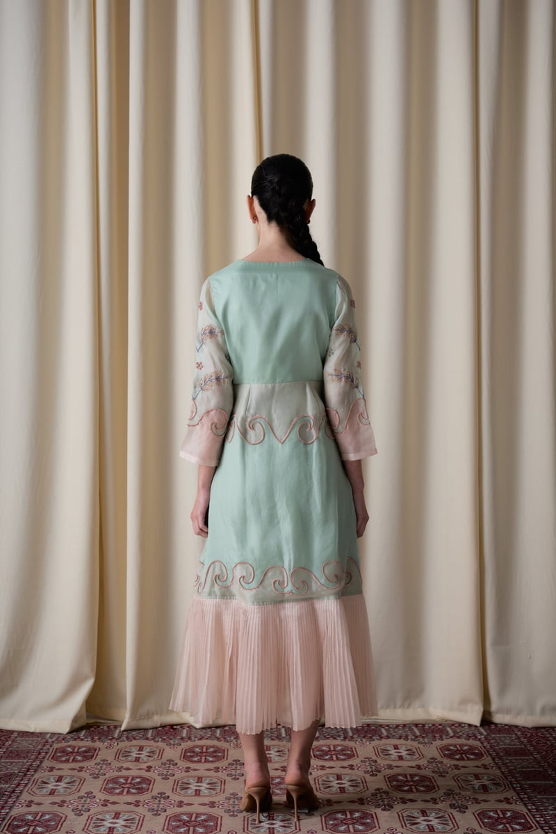 Mint Green and Peach Embroidered Silk Organza Midi Dress