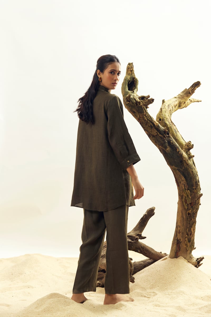 Olive Linen Longline Shirt with Botanical Applique