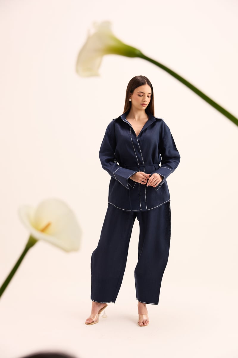Blue Linen Shirt and Balloon Pants Co-ord Set