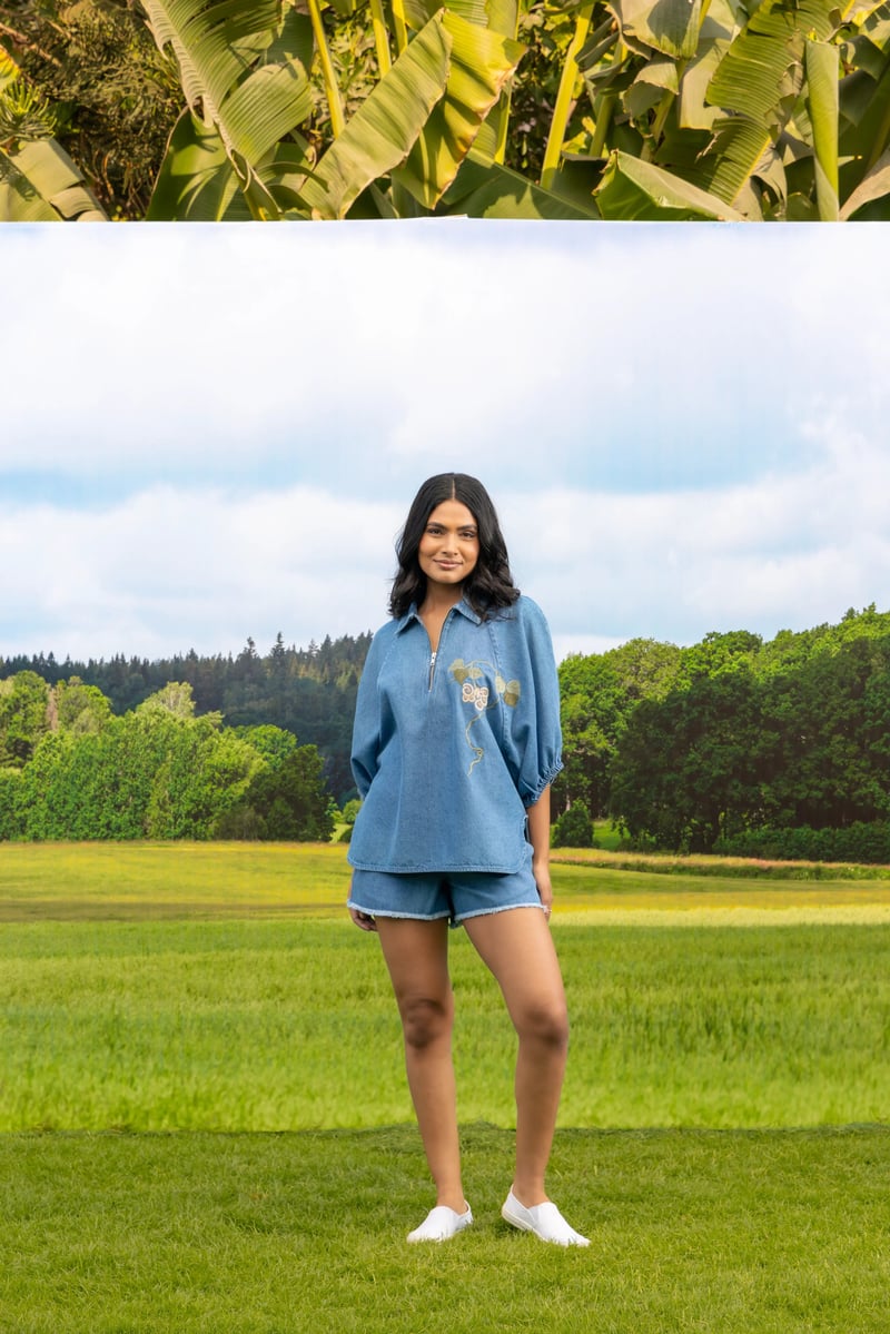 Light Denim Relaxed Fit Shorts with Fringed Hem