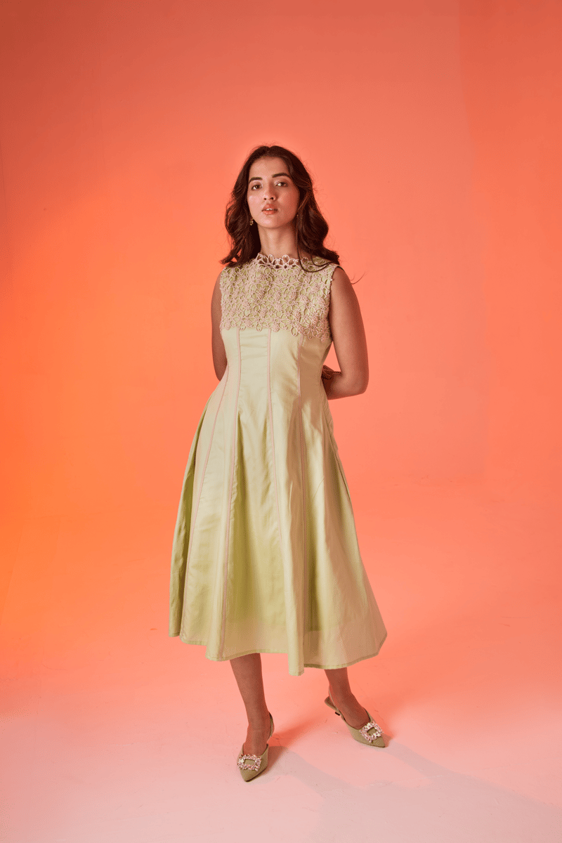 Leek Green Cotton Satin Lace Yoke Fit and Flare Midi Dress