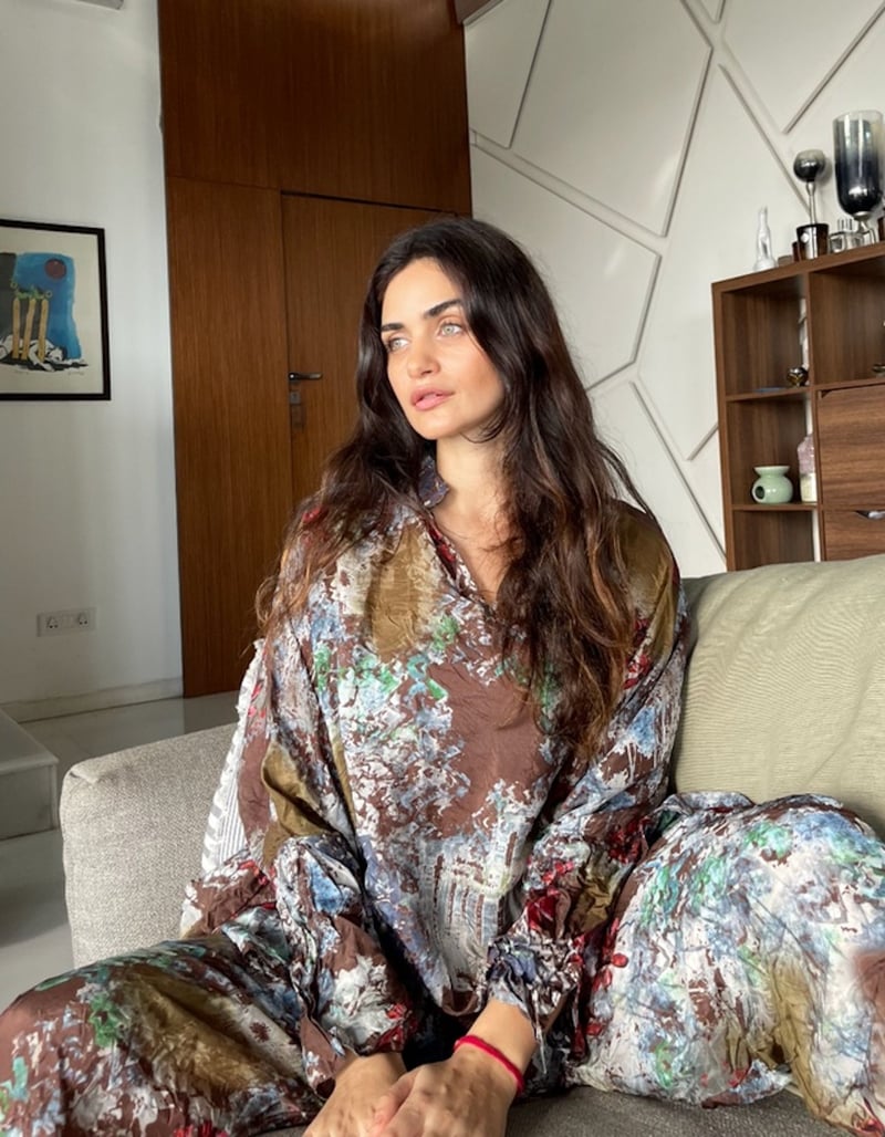 Beige Brown Silk Printed Kaftan Top and Pants Co-ord Set