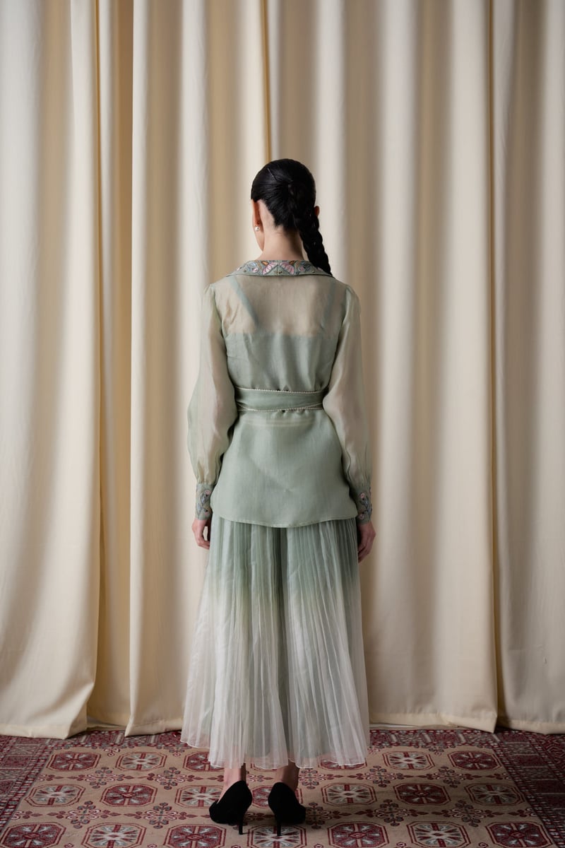 Green Organza Jacket, Bustier and Pleated Midi Skirt Co-ord Set