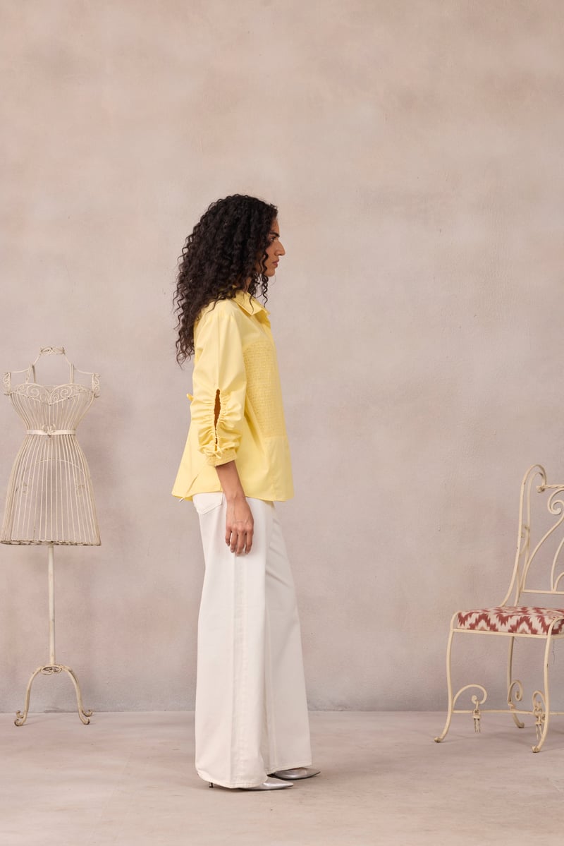 Lemon Sorbet Smocked Poplin Shirt with Ruched Sleeves