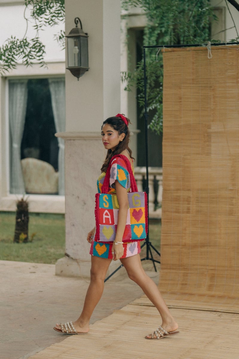 Multicolour Crochet Colorblock Heart Mini Dress with Tie-Up