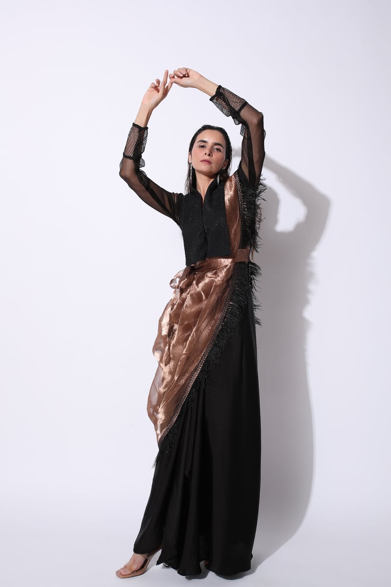 Black Pre-Draped Saree Set with Copper Tissue Drape