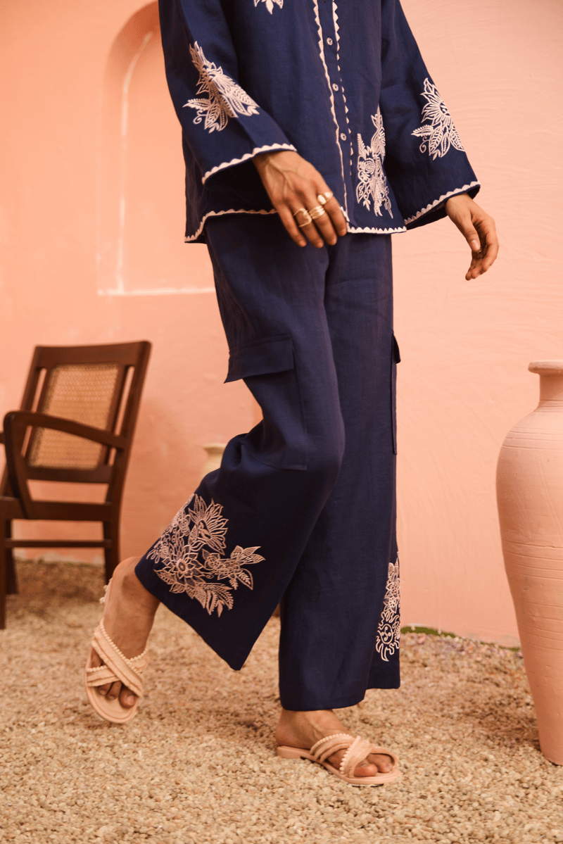 Navy Linen Embroidered Shirt and Flared Pants Co-ord Set