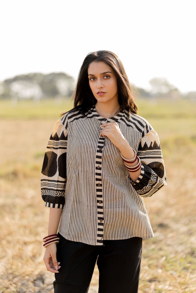 Black and Off-White Block Print Cotton Button-Down Top