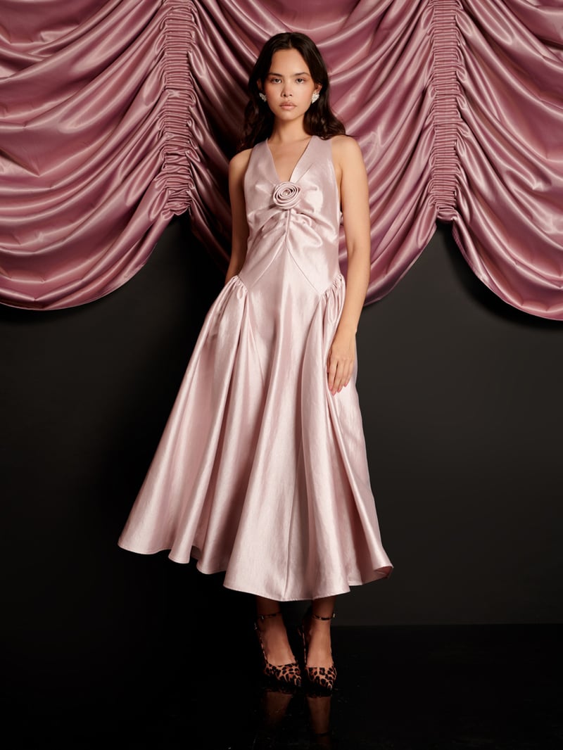 Pale Pink Taffeta Fit and Flare Midi Dress with Rosette