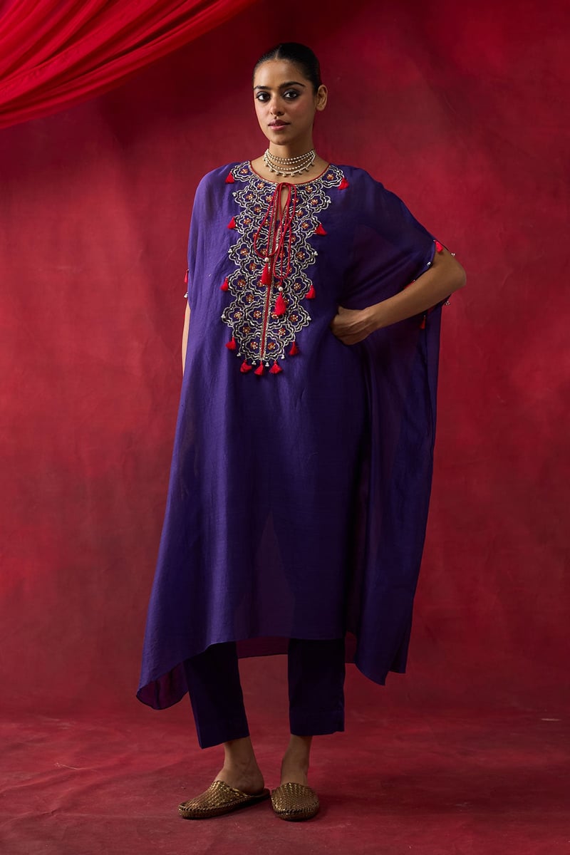 Purple Silk Chanderi Embroidered Kaftan Set with Slip