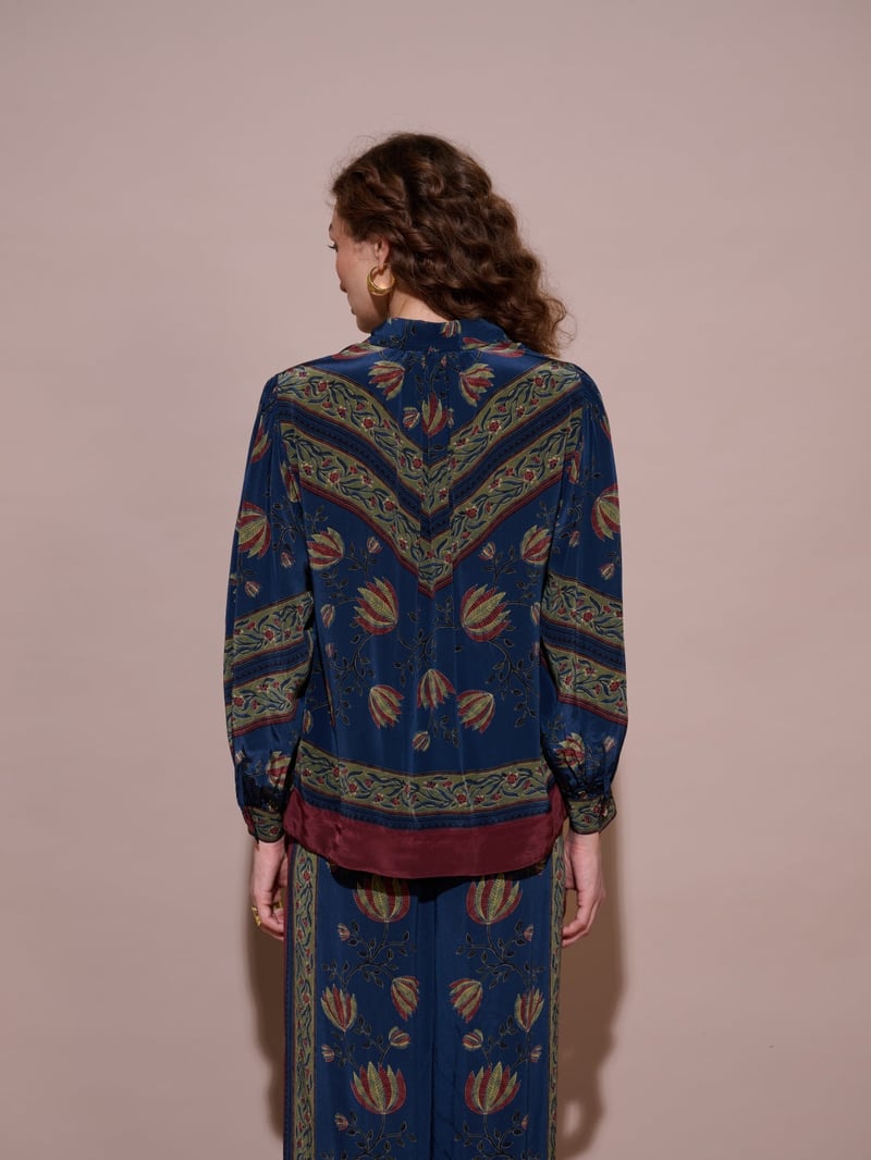 Blue Printed Mandarin Collar Button-Down Blouse