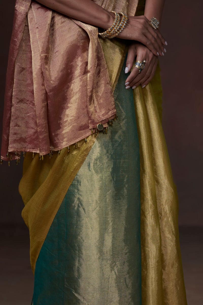 Teal Lime Rust Tissue Saree with Metallic Sheen