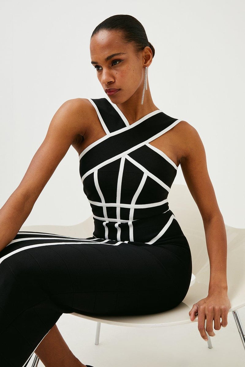 Mono Bandage Knit Bodycon Midi Dress with Contrast Lines