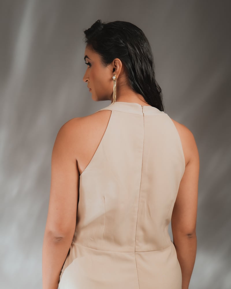 Beige Beaded Wrap Knee-Length Dress