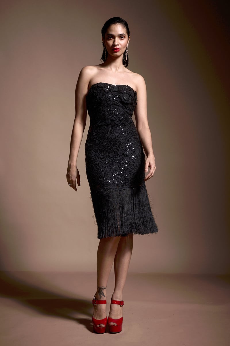 Black Strapless Sequin Lace Fringe Hem Midi Dress